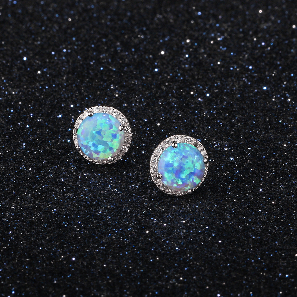 Planderful Jewelry Sterling Silver Opal Stud Earrings with Zircon Halo in Blue Round Opal