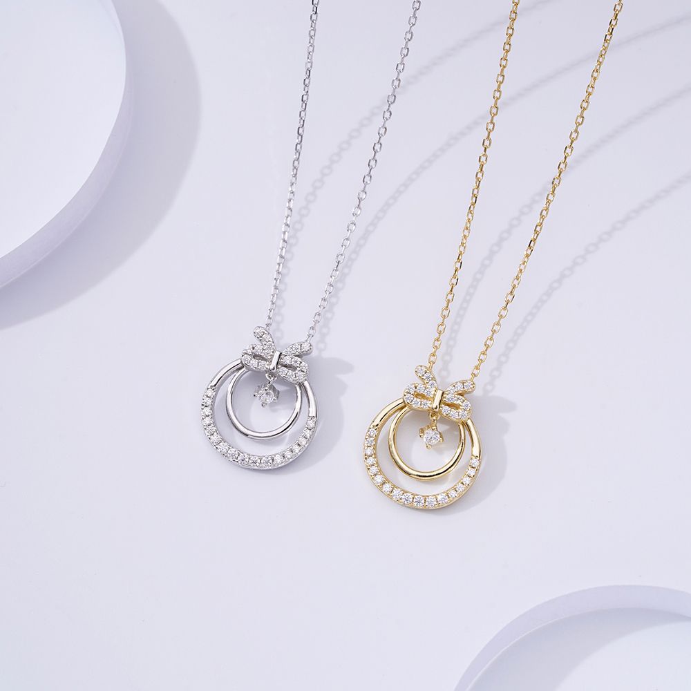 Korean Girly S925 Sterling Silver Geometric Bow Pendant Necklace