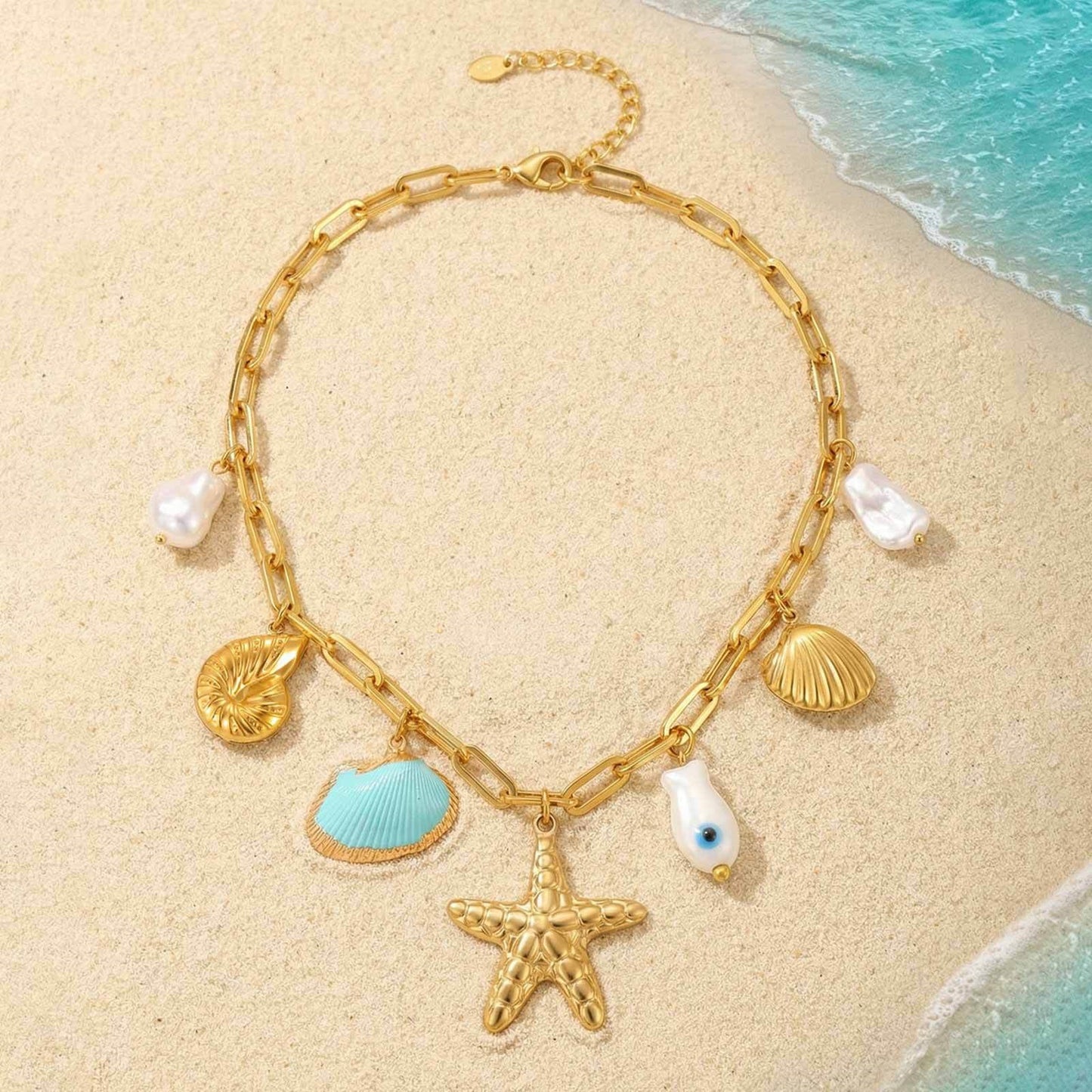 Ocean-Style Stainless Steel Pearl-Like Conch Shell Starfish Vacation Necklace