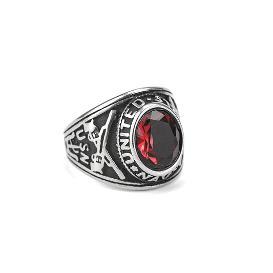 European and American Jewelry Wholesale Men's Titanium Steel Ring Retro Hip-Hop Red Stone Ring