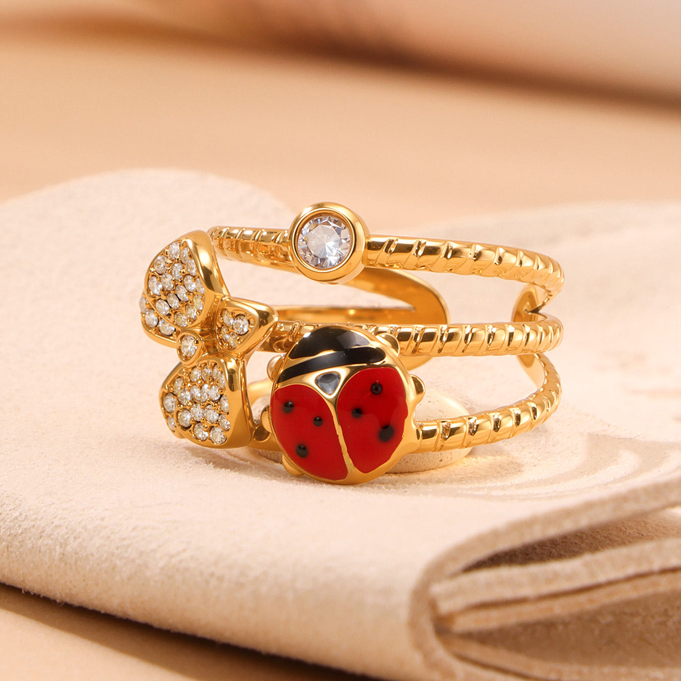 Planderful Ladybug Zircon Strawberry Ring Cute For Women
