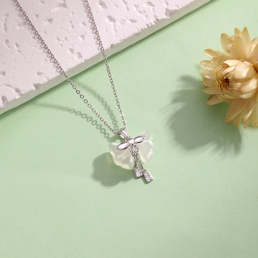 Planderful S925 Sterling Silver Butterfly Ice Chalcedony Necklace for Women Elegant Clavicle Chain