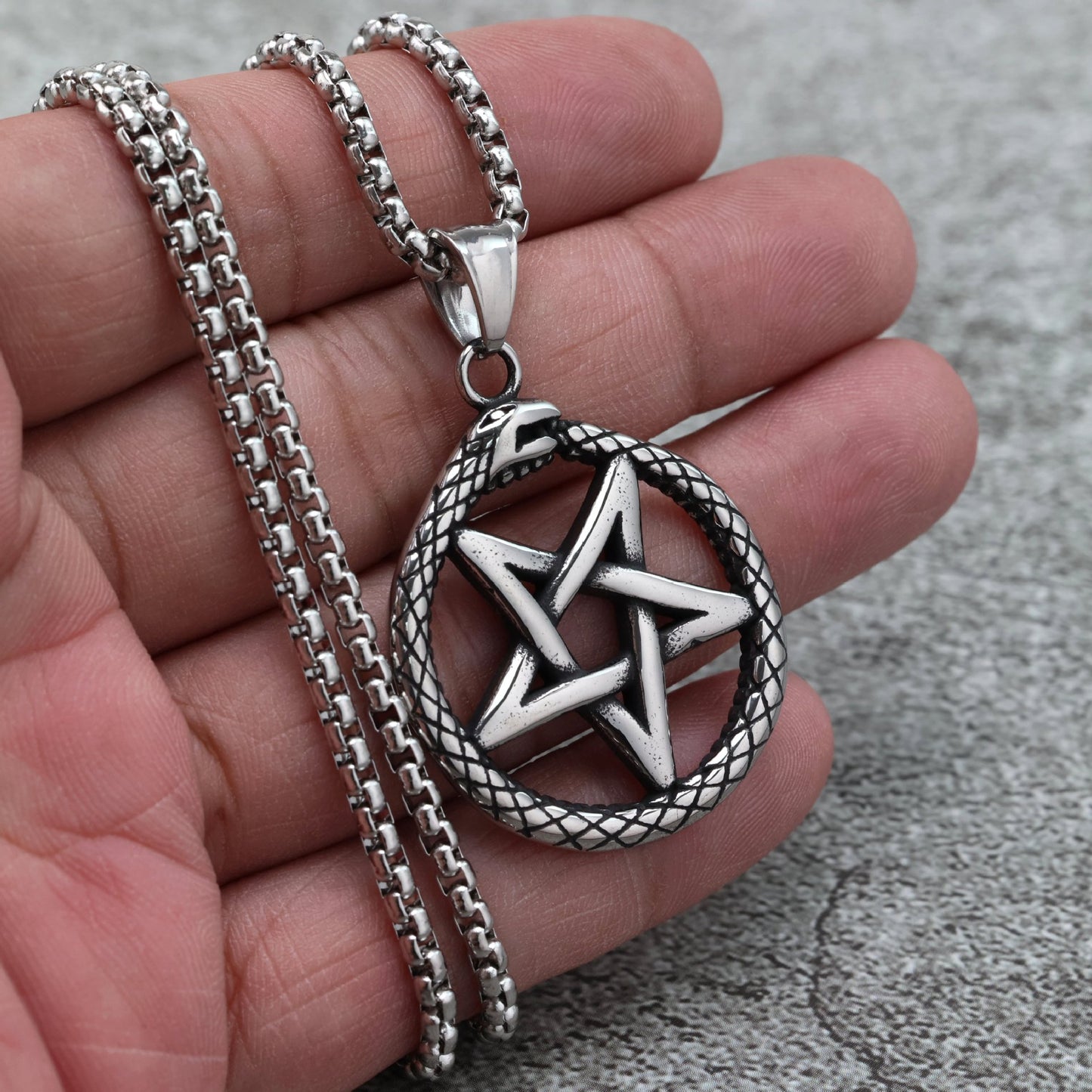 Planderful Stainless Steel Mens Pendant Retro European American Snake Pentagram Statement Necklace For Men