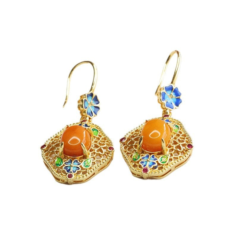 Beeswax Amber Enamel Flower Drop Earrings