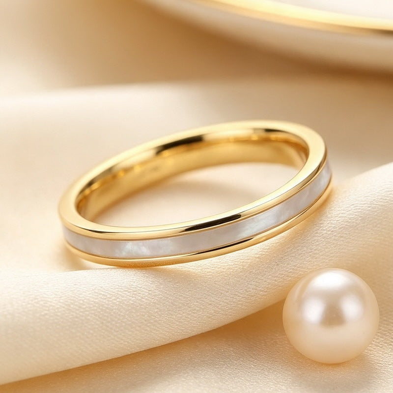 French Stacked Shell Plain Ring 2mm Embedded Fritillary Stainless Steel Women's