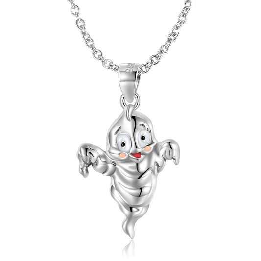 Halloween Playful Ghost Pendant Silver Necklace