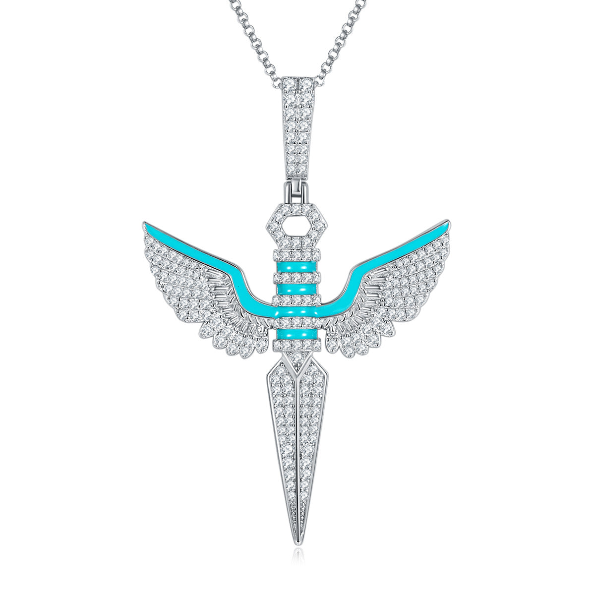 Planderful Unisex Moissanite Angel Wings Dagger Necklace Full Moissanite Blue Enamel S925 Silver Sparkling