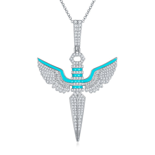 Planderful Unisex Moissanite Angel Wings Dagger Necklace Full Moissanite Blue Enamel S925 Silver Sparkling