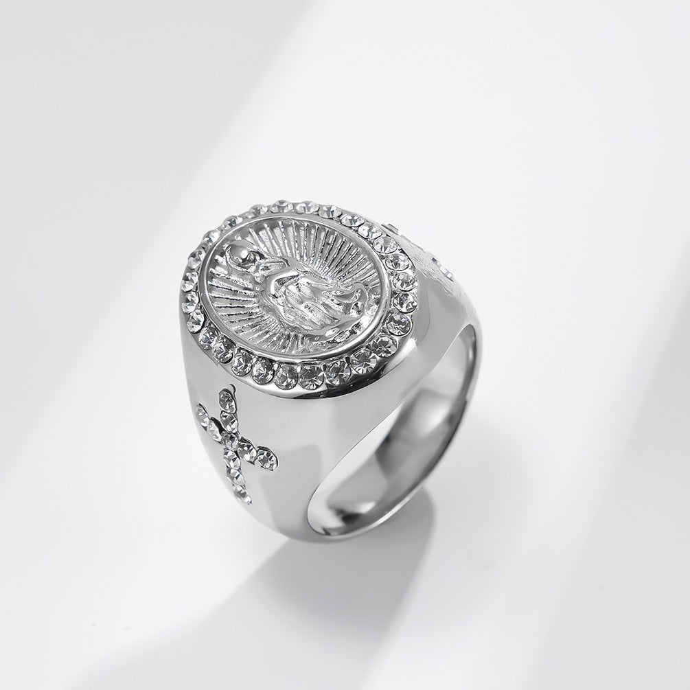 Planderful Virgin Mary Cross Zircon Ring Stainless Steel Gold Plated For Women Elegant Jewelry