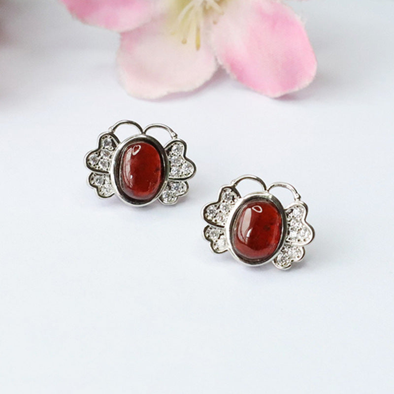 Orange-Red Garnet Butterfly 925 Silver Stud Earrings