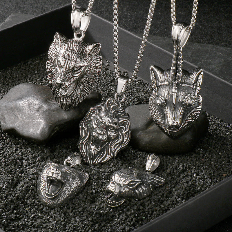 Animal Shape Old, Punk Lion Head Wolf Head Fox Titanium Steel Men's Pendant Necklace