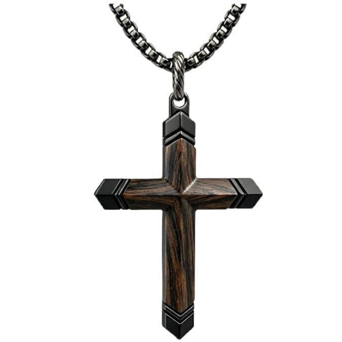1. Planderful Cross Necklace For Men In Stainless Steel With Solid Wood Inlay And Safflower Detail