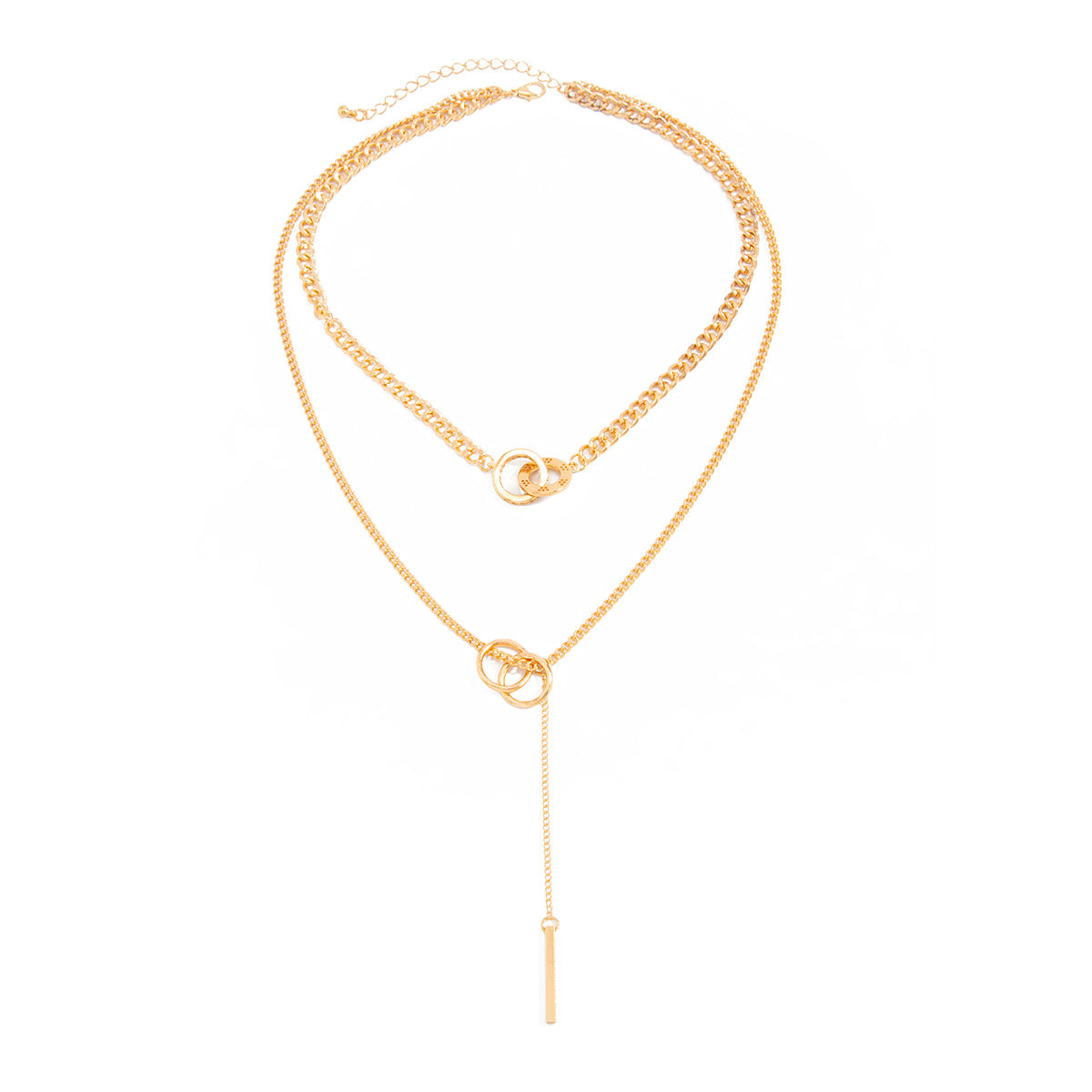 Bar & Double-Ring Layered Fringe Necklace