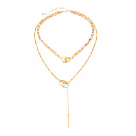 Bar & Double-Ring Layered Fringe Necklace