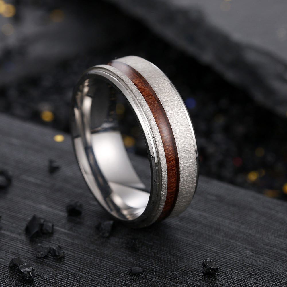 European Style Titanium Steel Ring with Wood Grain Detail - Men's Fashion Ring