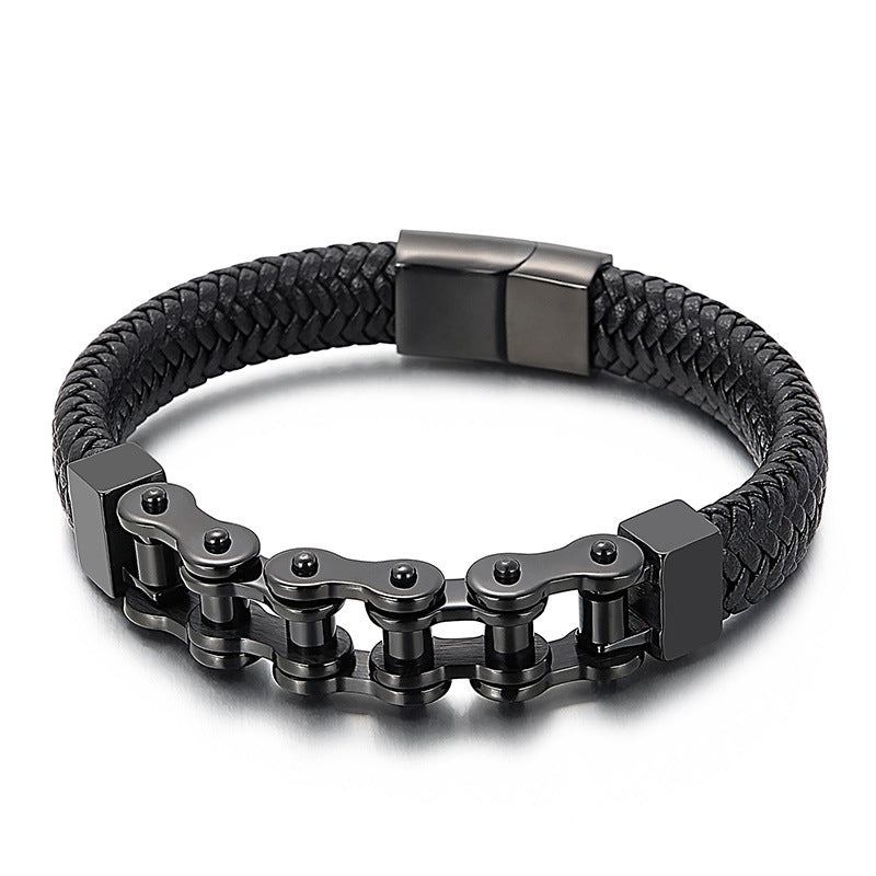 Locomotive Style Woven Leather Rope Men's Bracelet – Man Magnetic Buckle Bicycle Chain
