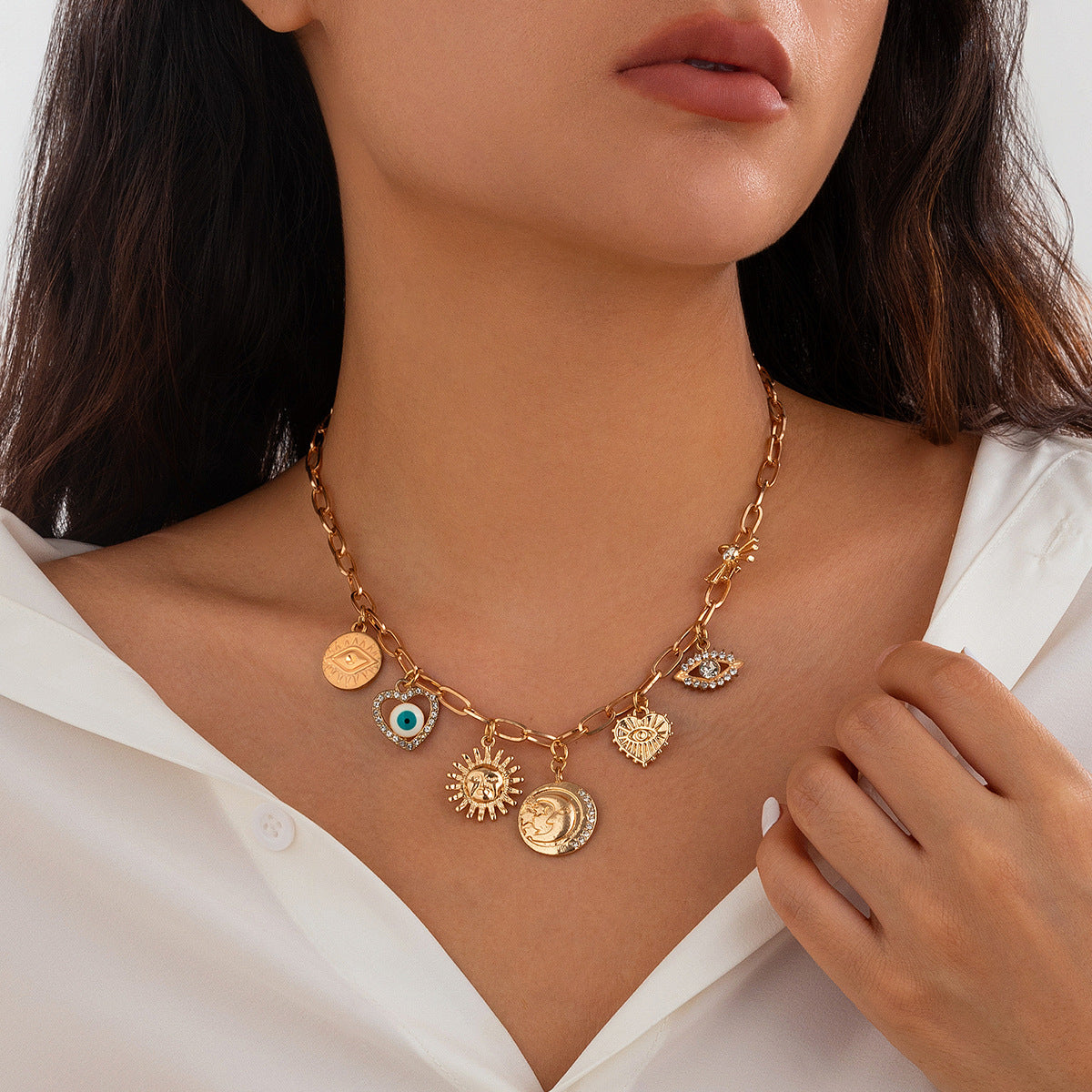 Multi-Eye Heart Fringe Necklace