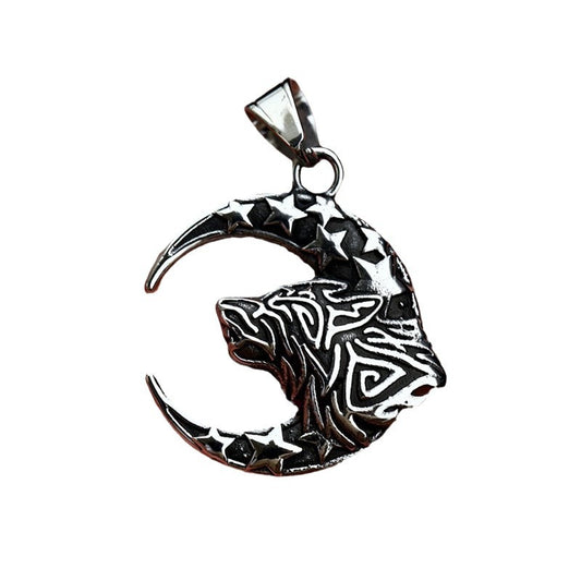 Titanium Steel Retro Wolf Head Pendant with Star and Moon Design for Men