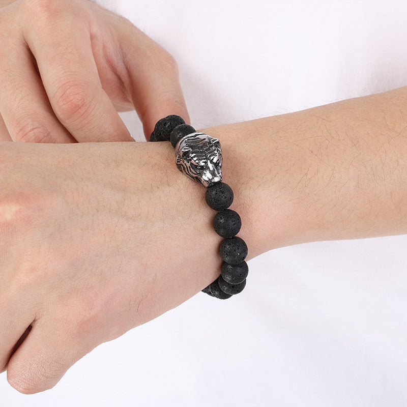 Planderful Lava Stone Beaded Bracelet For Men Animal Head
