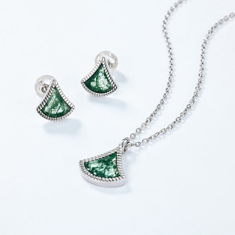 S925 Sterling Silver Moss Agate Ginkgo Leaf Pendant Necklace