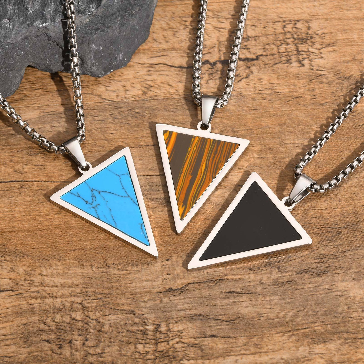 Stainless Steel Triangle Natural Tiger's Eye Stone Black Agate Pendant Necklace Men's