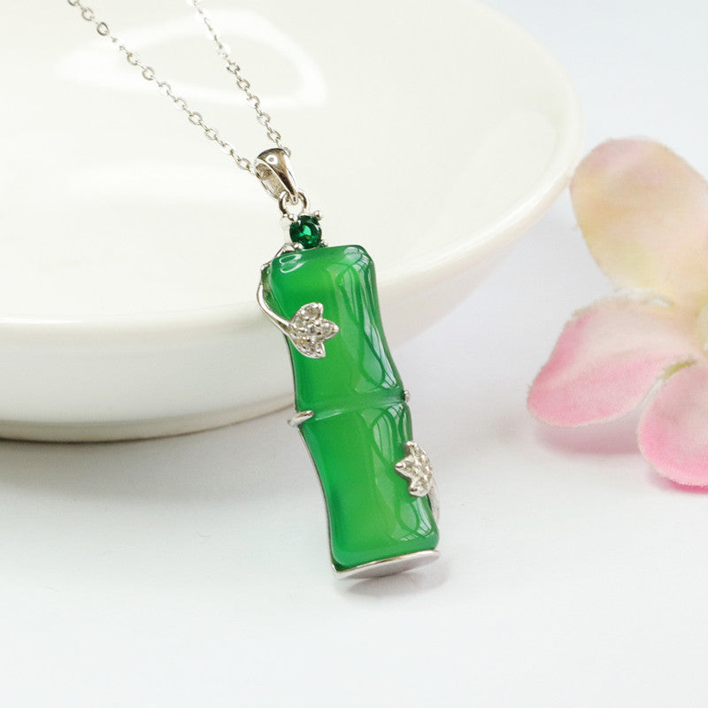 Bamboo Silver Necklace Featuring Natural Green Chalcedony and Zircon Leaf