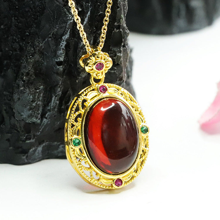 Egg Shaped Blood Amber Pendant with Zircon Flower Necklace - Vintage Sterling Silver Jewelry