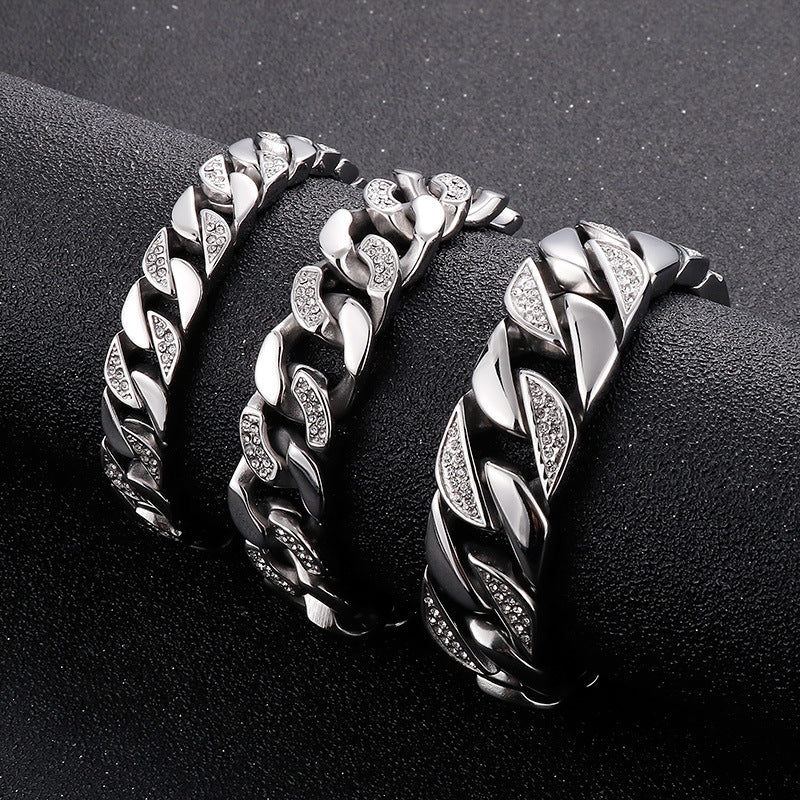Korea Dongdaemun Glossy – Generous Titanium Steel Men's Zircon Cuban Chain Bracelet