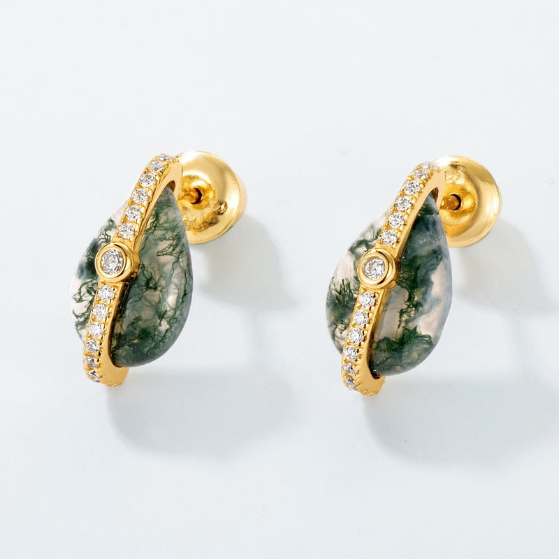 Planderful Everyday Genie – Cross-border New Elegant Retro Green Moss Stud Earrings Female Design Sense S925 Sterling Silver Gold-Plated Earrings Wholesale