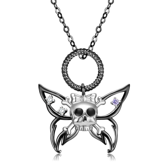 Halloween Skull Butterfly Pendant Silver Necklace