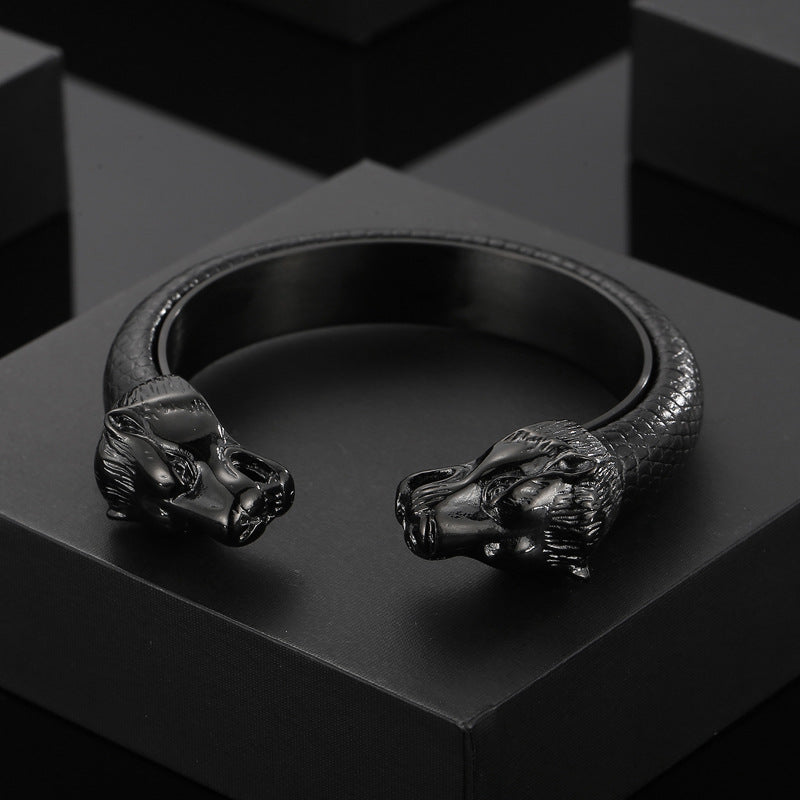 Men's Stainless Steel – Punk Style & Bold Wolf Head Titanium Steel Open-Leather Bracelet
