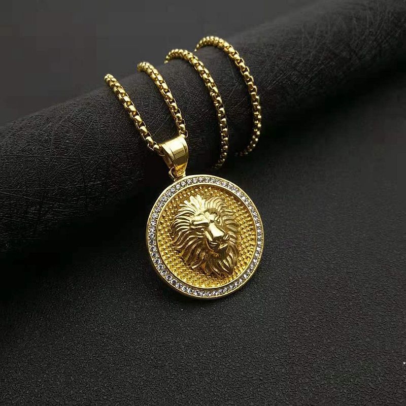 Rhinestone Necklace - Luxury Lion Head Pendant, Gold Plated Steel, Hip Hop Style