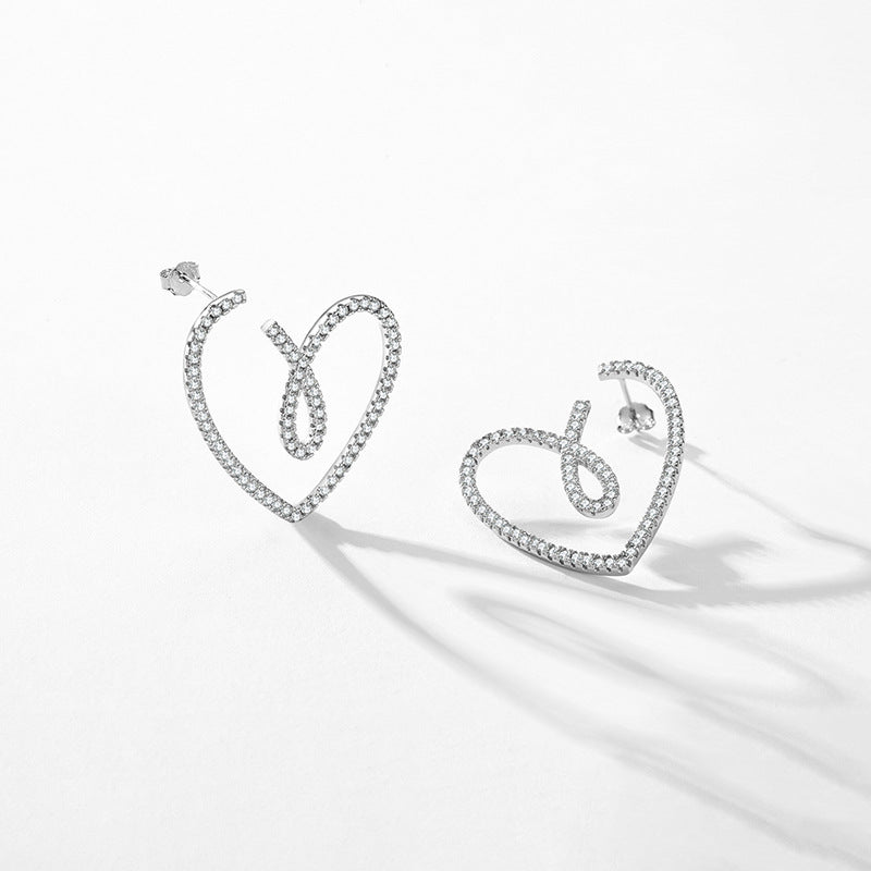 Exquisite Heart-shaped Sterling Silver Earrings with Micro Inlaid Zircon