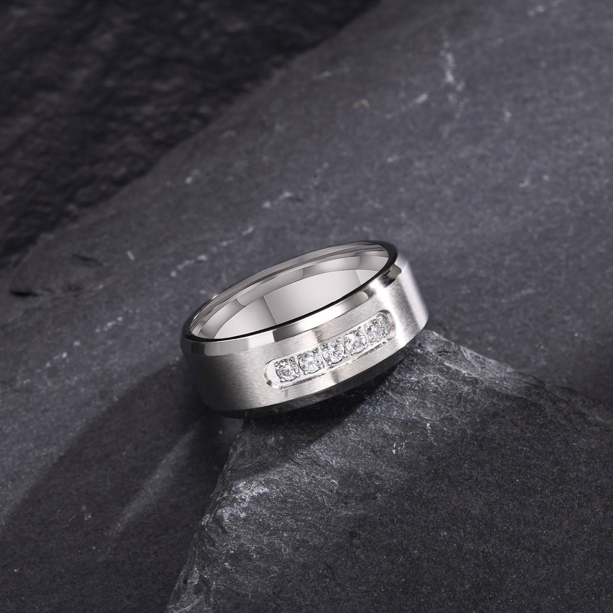 Men's Stainless Steel Surface Sand Inner Light Zircon 8mm Ring