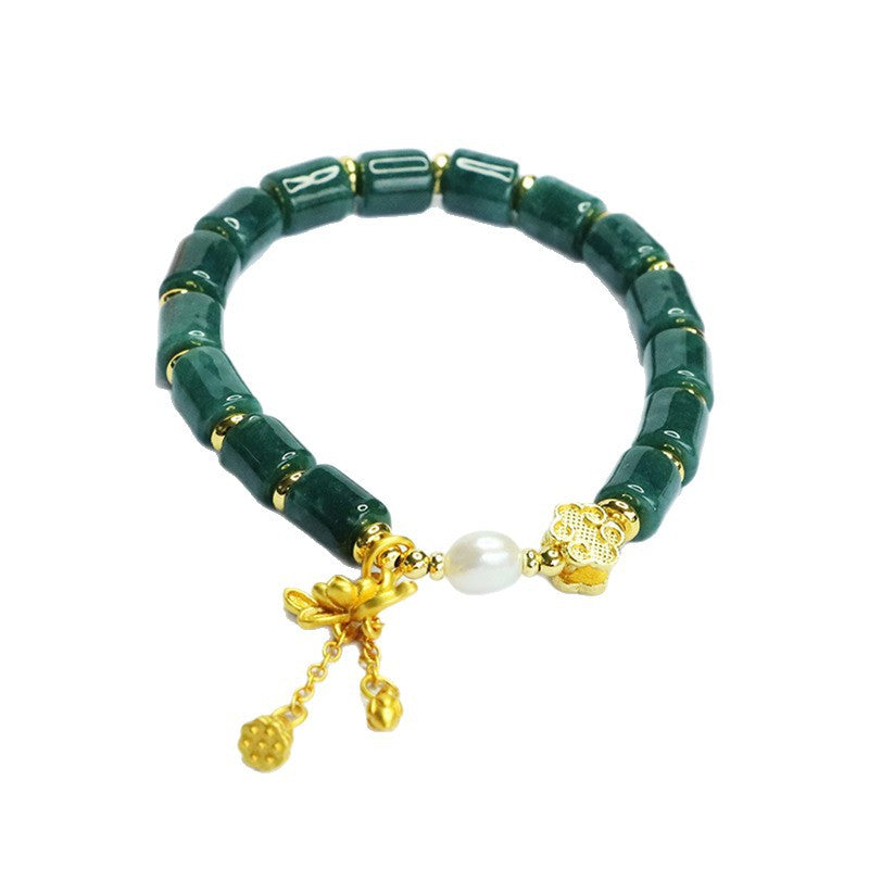 Blue Water Jadeite Ruyi & Barrel Bead Beaded Bracelet