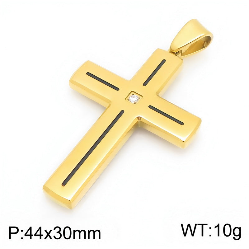 Popular Slotted Line Zircon Cross Titanium Steel Pendant Retro Contrasting Color Stainless Steel Necklace