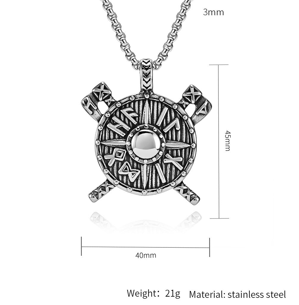 Planderful Viking Shield Axe Pendant Necklace For Men Unisex Stainless Steel Protection Statement