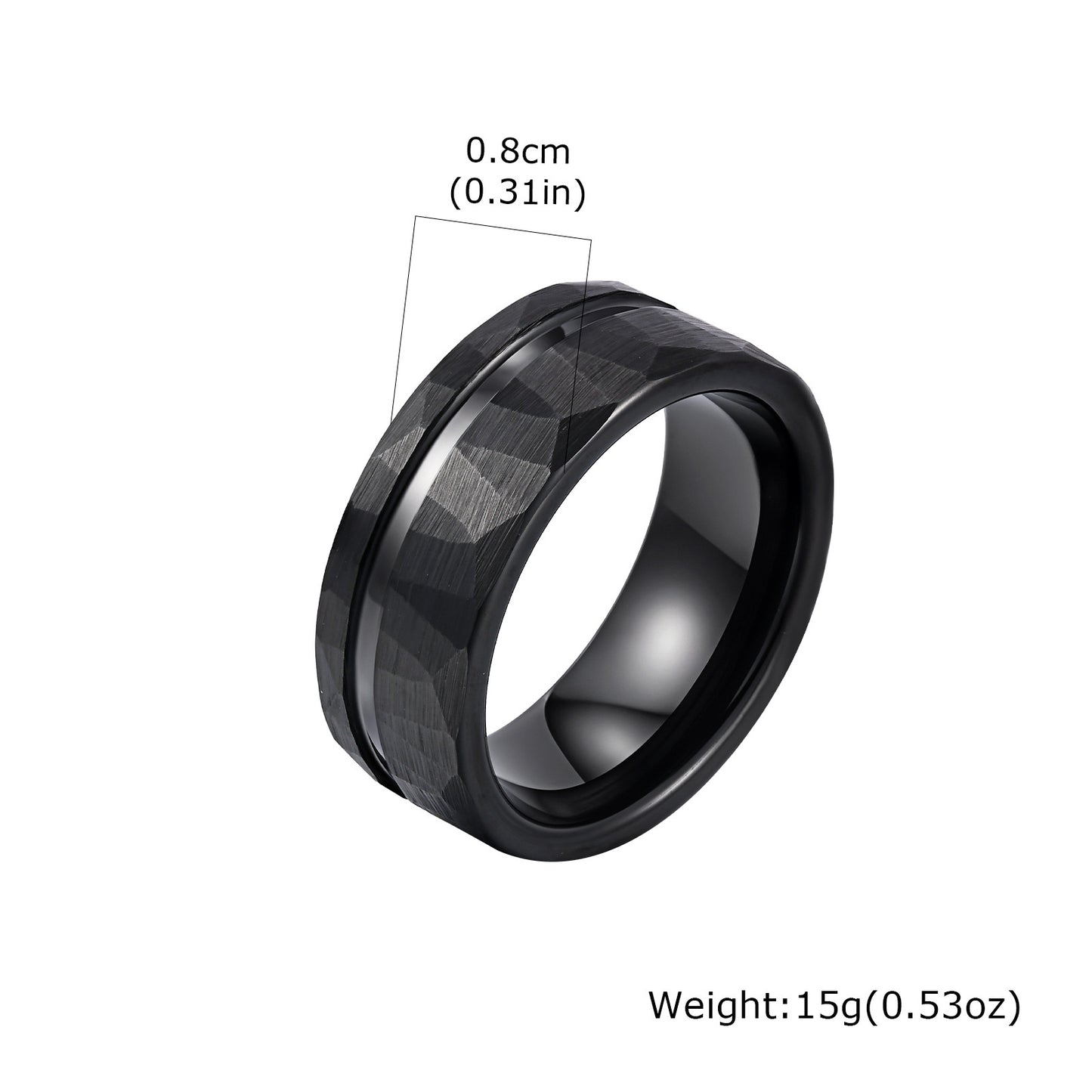 Black 8mm Tungsten Steel Ring Brushed Inner Hammer Texture