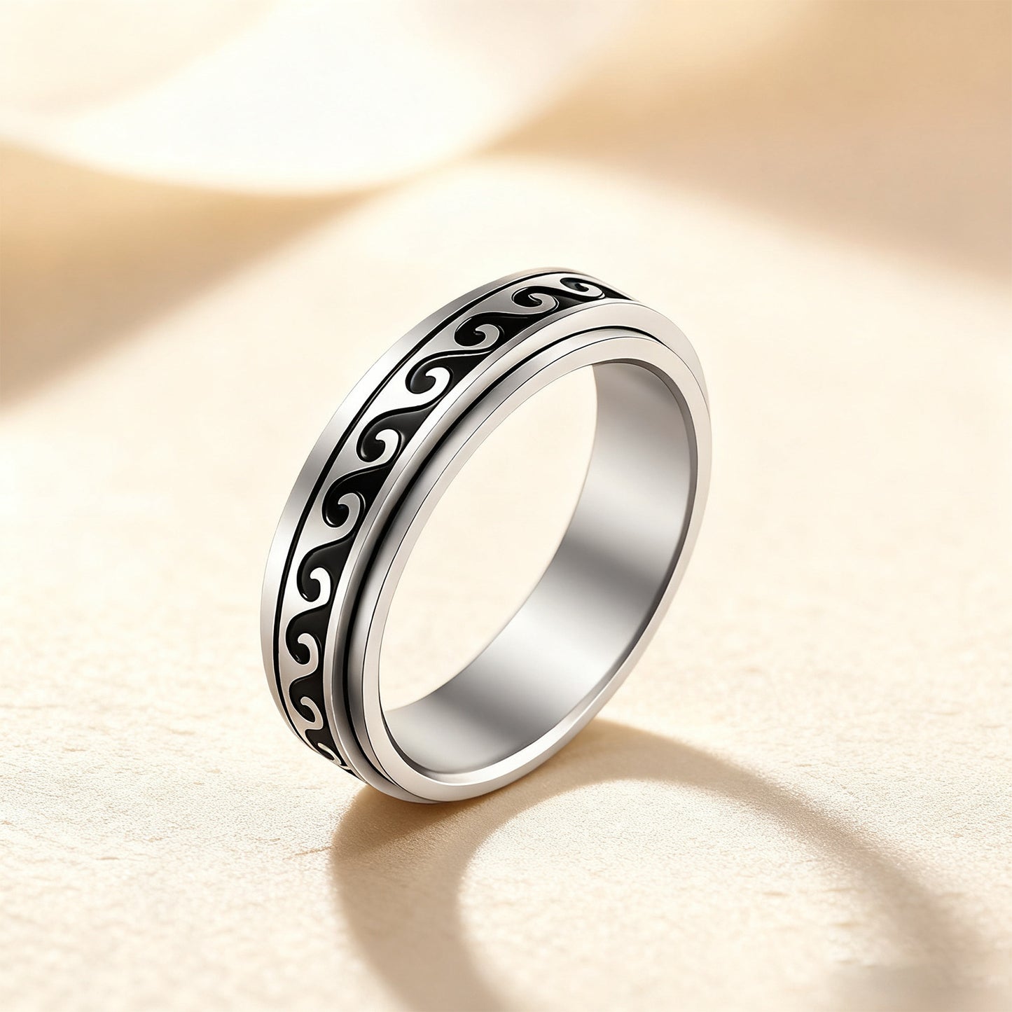 Planderful Everyday Genie Rotating Decompression Ring Stainless Steel Wave Pattern Unisex Stress Relief