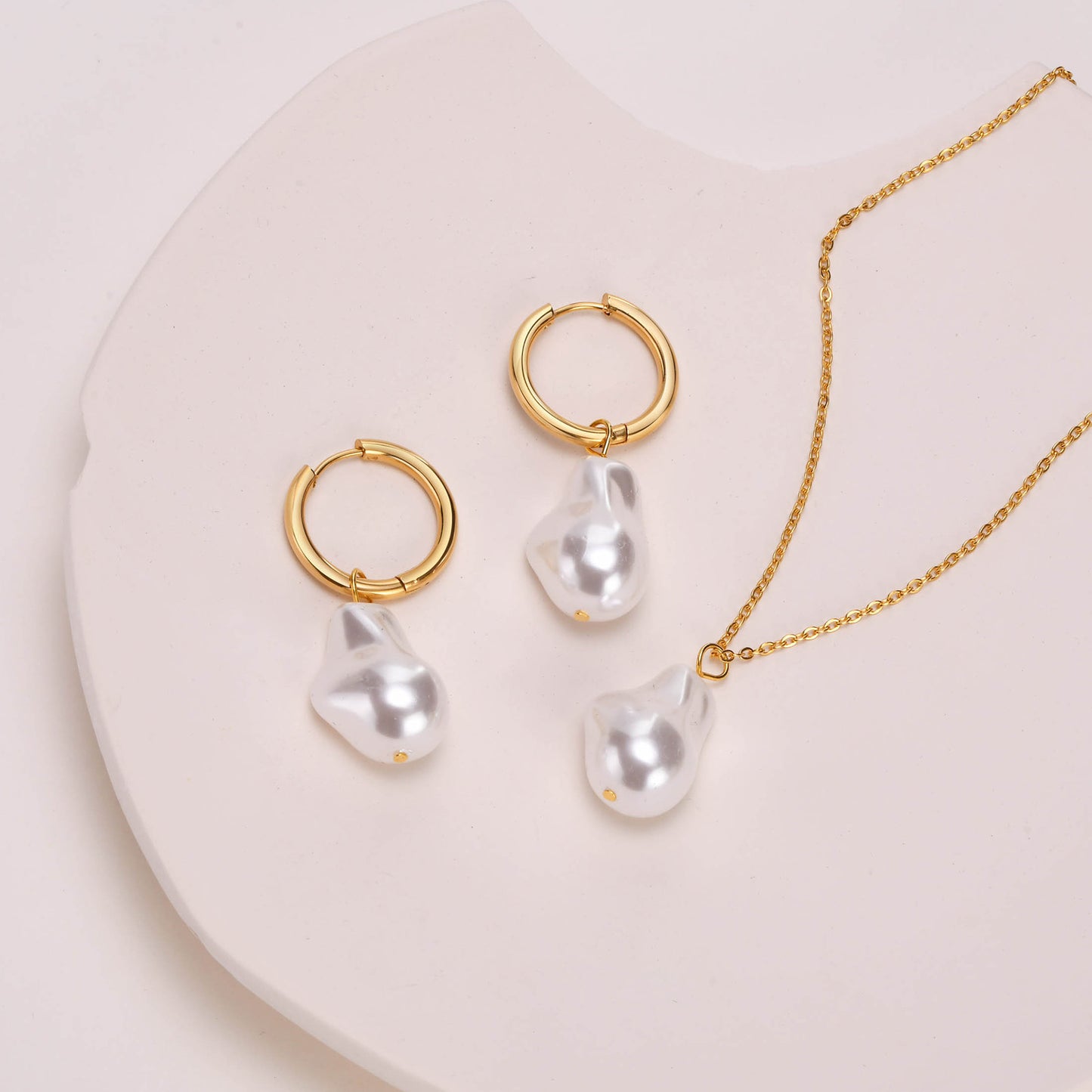 Stainless Steel Baroque Pearl Pendant Necklace and Pearl Gold Earrings