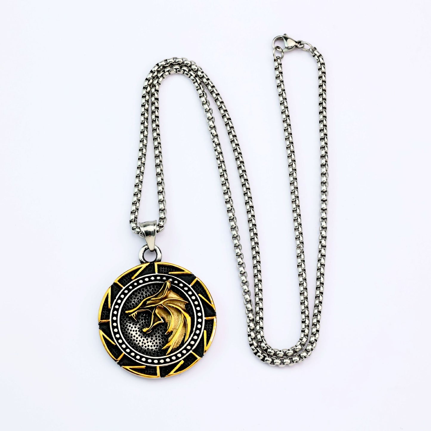 European And American Retro Men's Pendant Stainless Steel Viking Double-Sided Wolf Head Text Pendant For Men