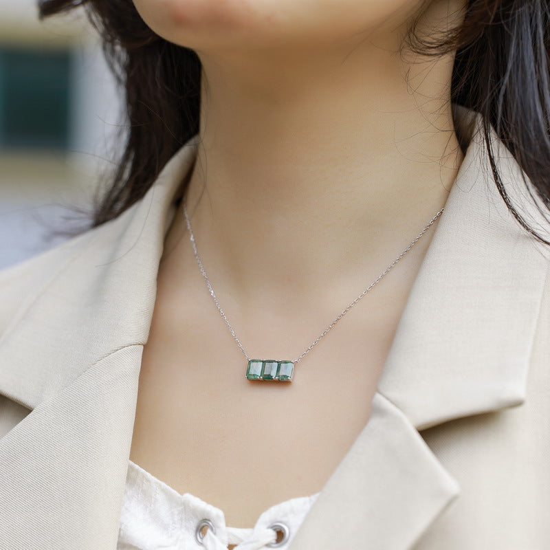 S925 Sterling Silver Moss Agate Geometric Necklace
