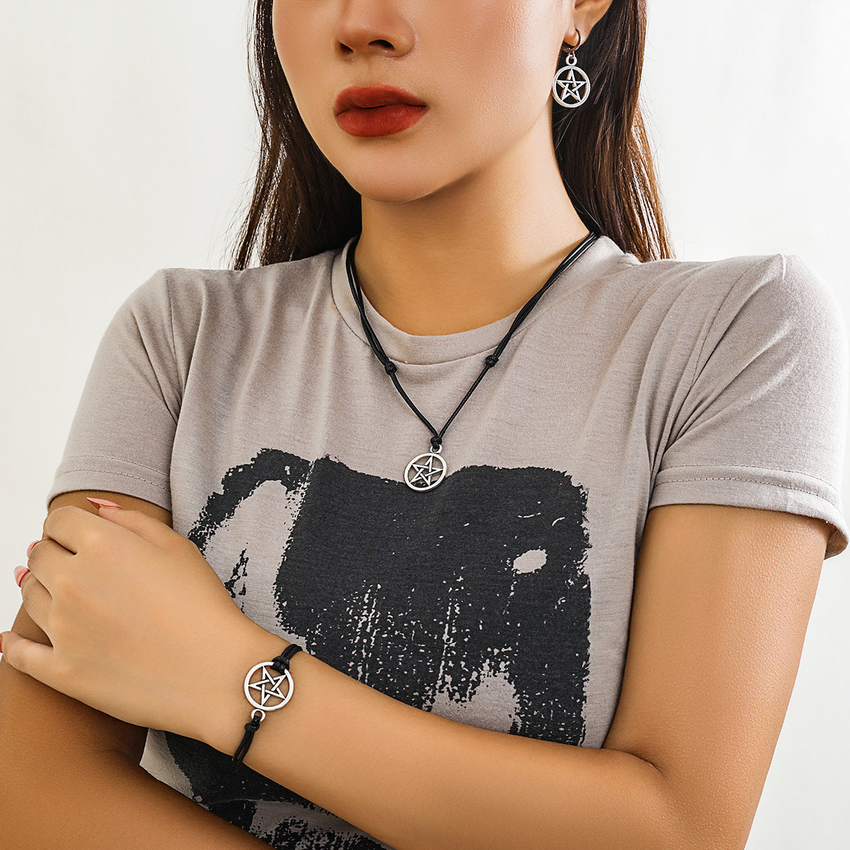 Star Shaped Life Tree Drawstring Necklace Set with Retro Peace Symbol