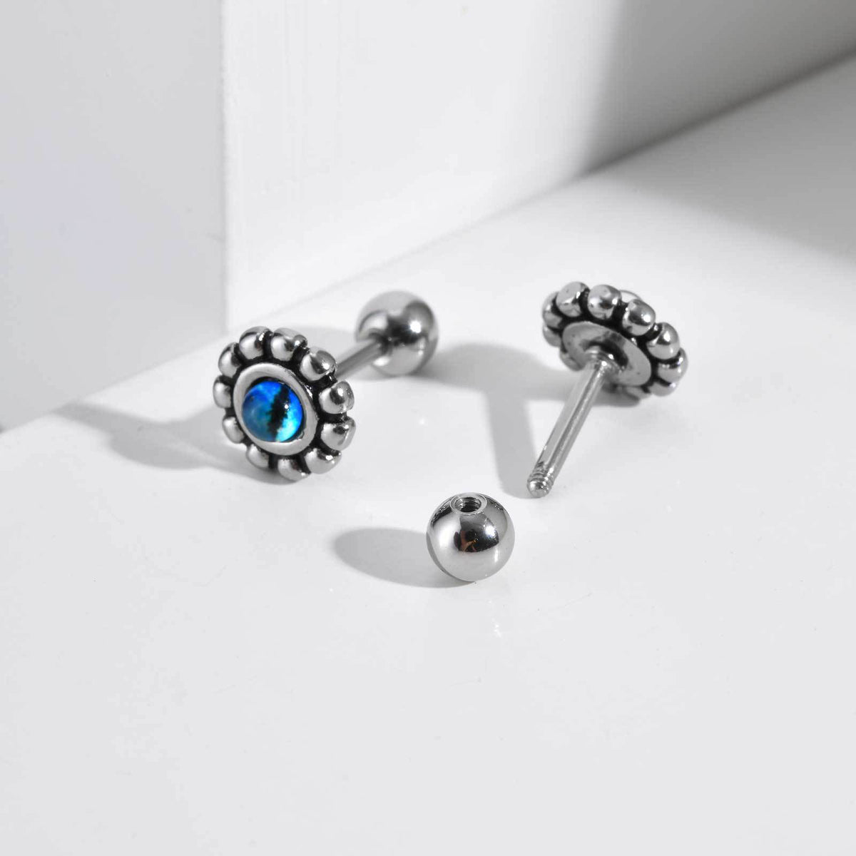 Blue Opal-Effect Flower Stud Earring — Single
