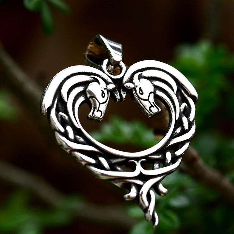 Titanium Steel Double Horse Love Pendant - Nordic Retro Viking Celtic Knot Design for Men