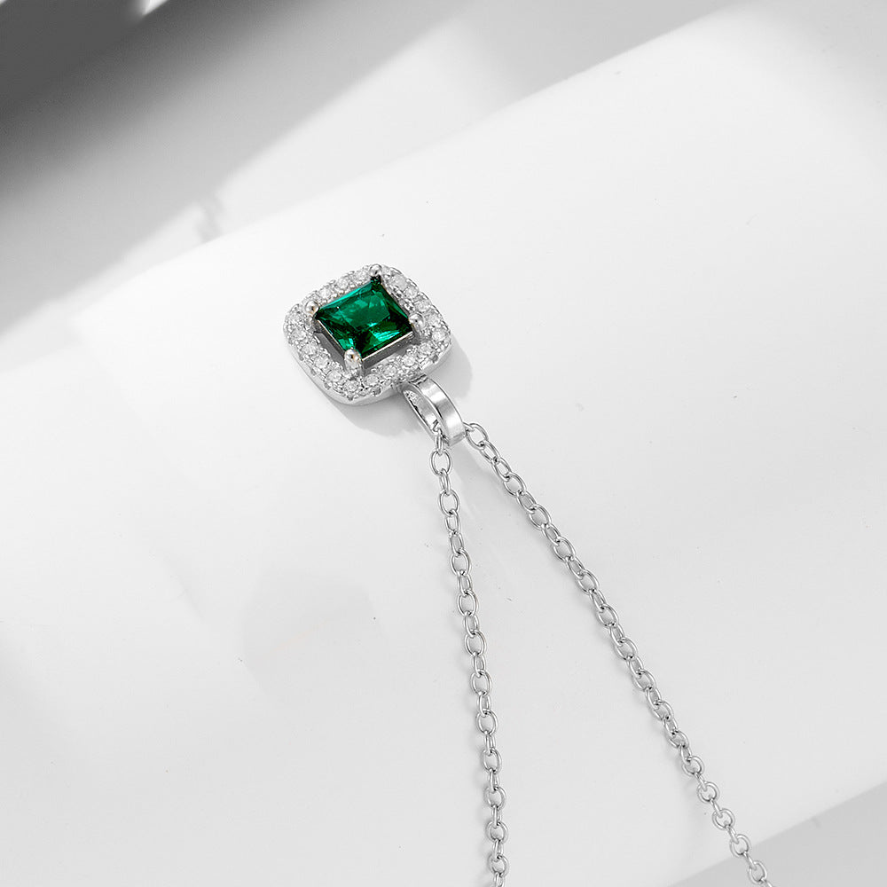 S925 Sterling Silver Square Emerald Zircon Pendant Necklace Retro Style