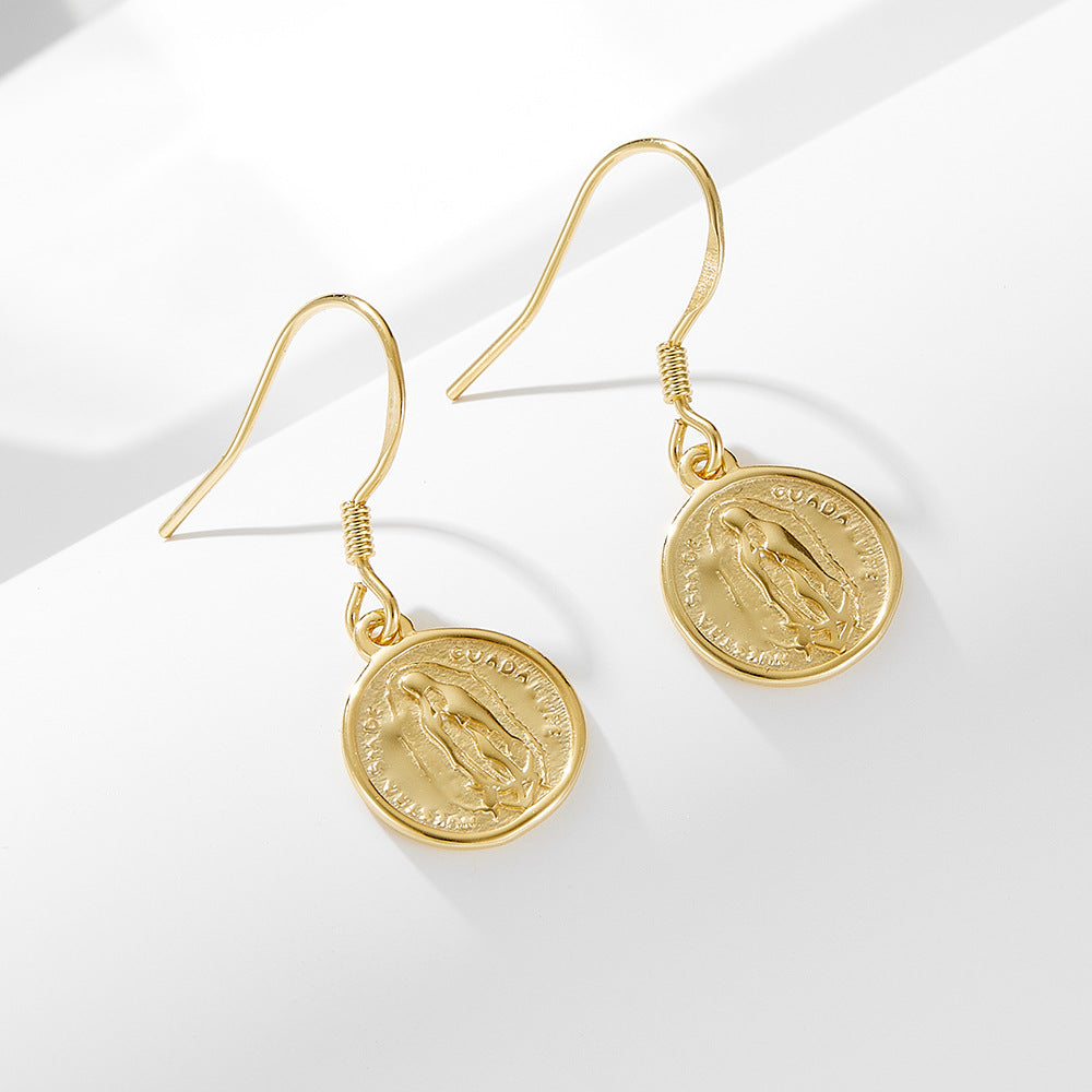 925 Sterling Silver Circle Coin Earrings Style Retro Round Brand Virgin Mary Relief