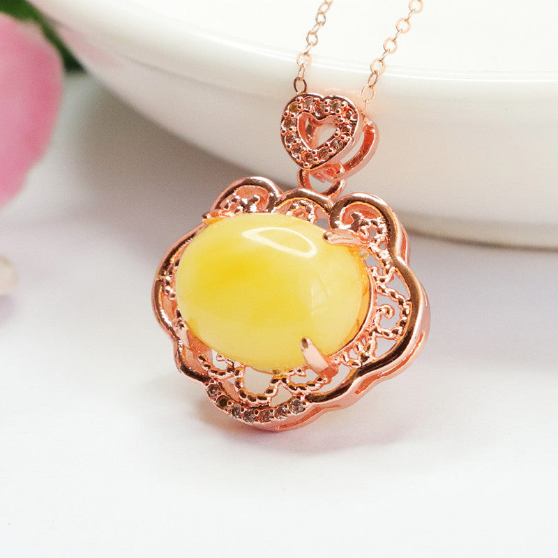 Ruyi Rose Gold Necklace with Sterling Silver Beeswax Amber Pendant