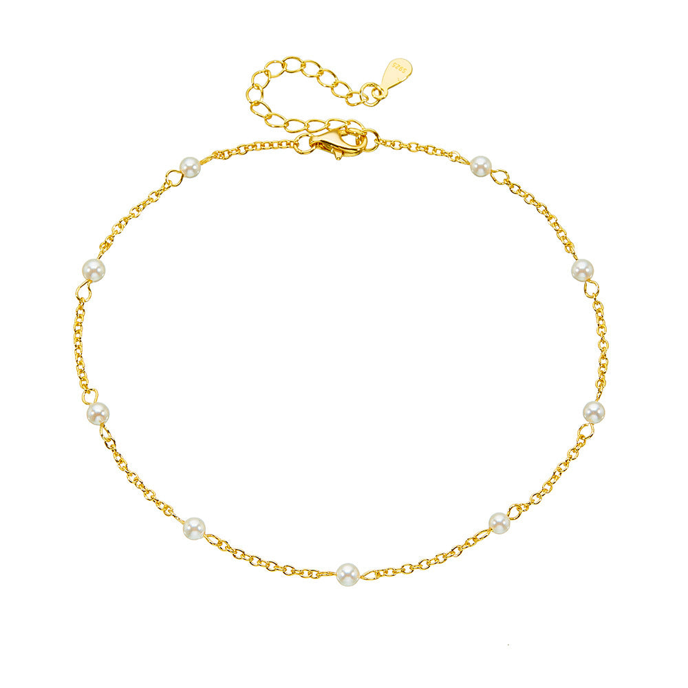 S925 Sterling Silver Plated 14k Gold Pearl Beaded Anklet And 3mm Bead Foot Bracelet