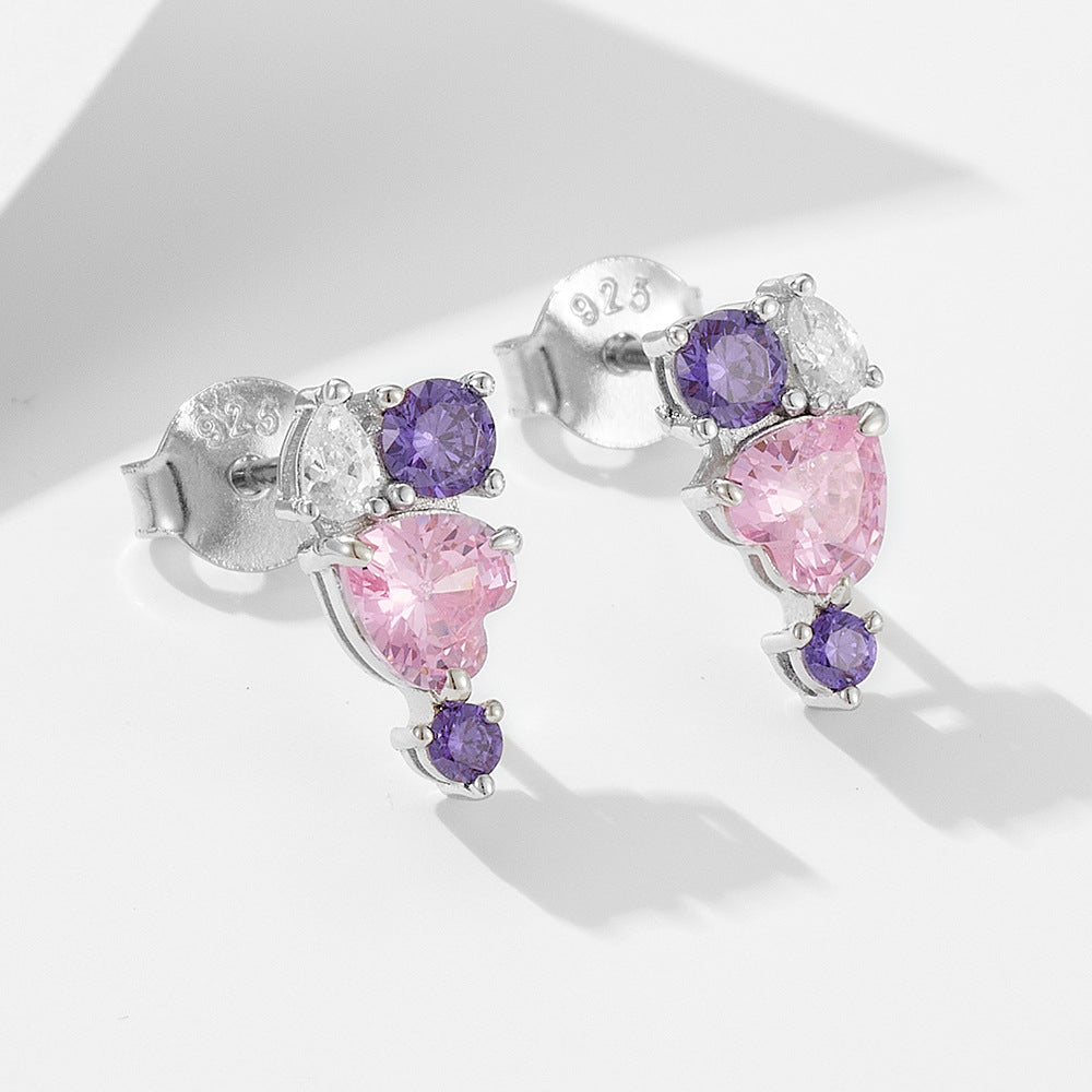 S925 Sterling Silver Heart-Shaped Pink Zircon Stud Earrings Colored Gemstone